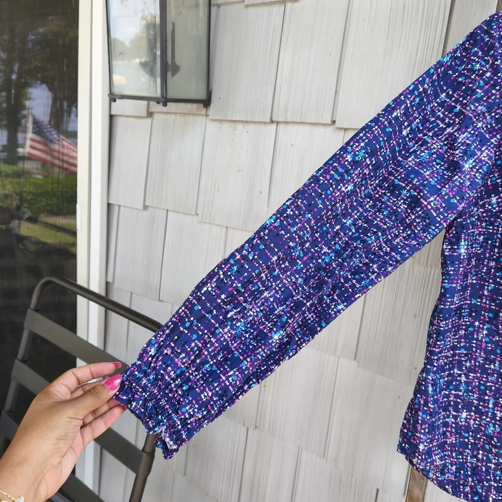 Talbots Geometric Rhinestone Button Ruffle Popover sz XL Purple Chic Office - Picture 4 of 11